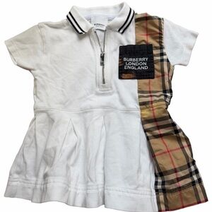 Burberry White Polo Dress Top with Signature Beige Plaid Panel